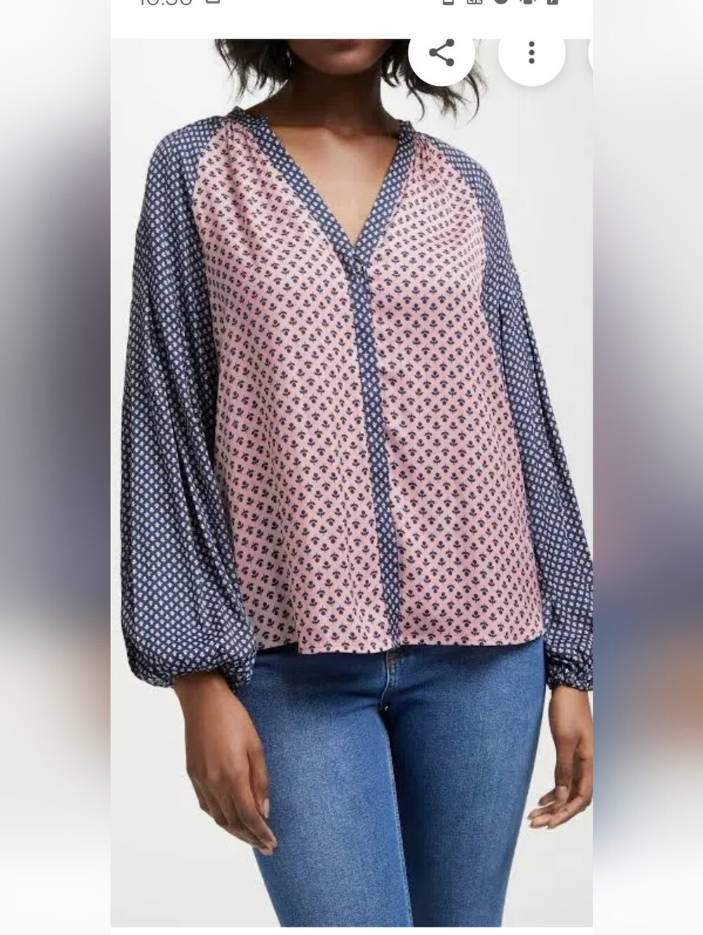 Boden Harriet Pink and Navy Printed V-Neck Blouse with Balloon Sleeves